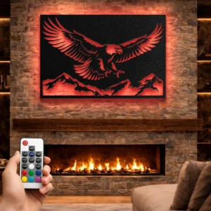 Flying Eagle Mountain Scene Metal Wall Art, Oversized Rustic Wildlife Decor, Optional RGB LED, Outdoor Lover Gift