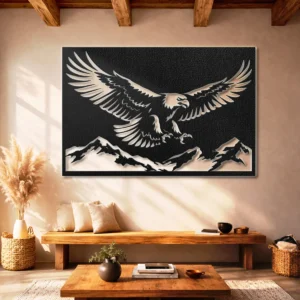 Flying Eagle Mountain Scene Metal Wall Art, Oversized Rustic Wildlife Decor, Optional RGB LED, Outdoor Lover Gift
