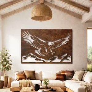 Flying Eagle Mountain Scene Metal Wall Art, Oversized Rustic Wildlife Decor, Optional RGB LED, Outdoor Lover Gift