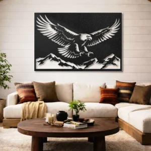 Flying Eagle Mountain Scene Metal Wall Art, Oversized Rustic Wildlife Decor, Optional RGB LED, Outdoor Lover Gift