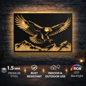 Flying Eagle Mountain Scene Metal Wall Art, Oversized Rustic Wildlife Decor, Optional RGB LED, Outdoor Lover Gift