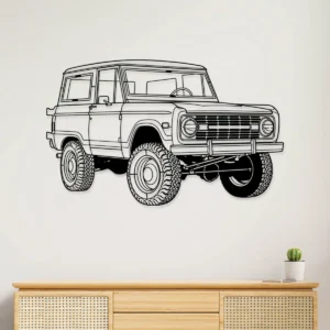 Black metal Ford Bronco Ranger silhouette wall art for garage decor.