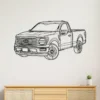 Black metal outline art of a Ford F150 pickup truck on a white wall.