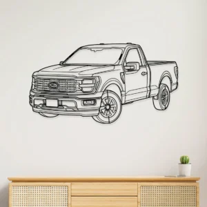 Black metal outline art of a Ford F150 pickup truck on a white wall.