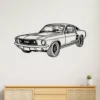 Black metal outline art of a 1967 Ford Mustang Fastback on a white wall.