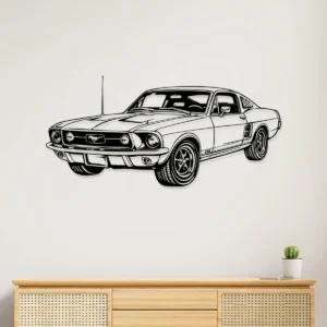 Black metal silhouette of 1967 Ford Mustang Fastback wall art.