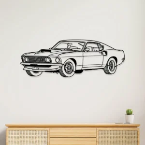 Black metal outline of a 1969 Ford Mustang Boss 429 on a white wall.