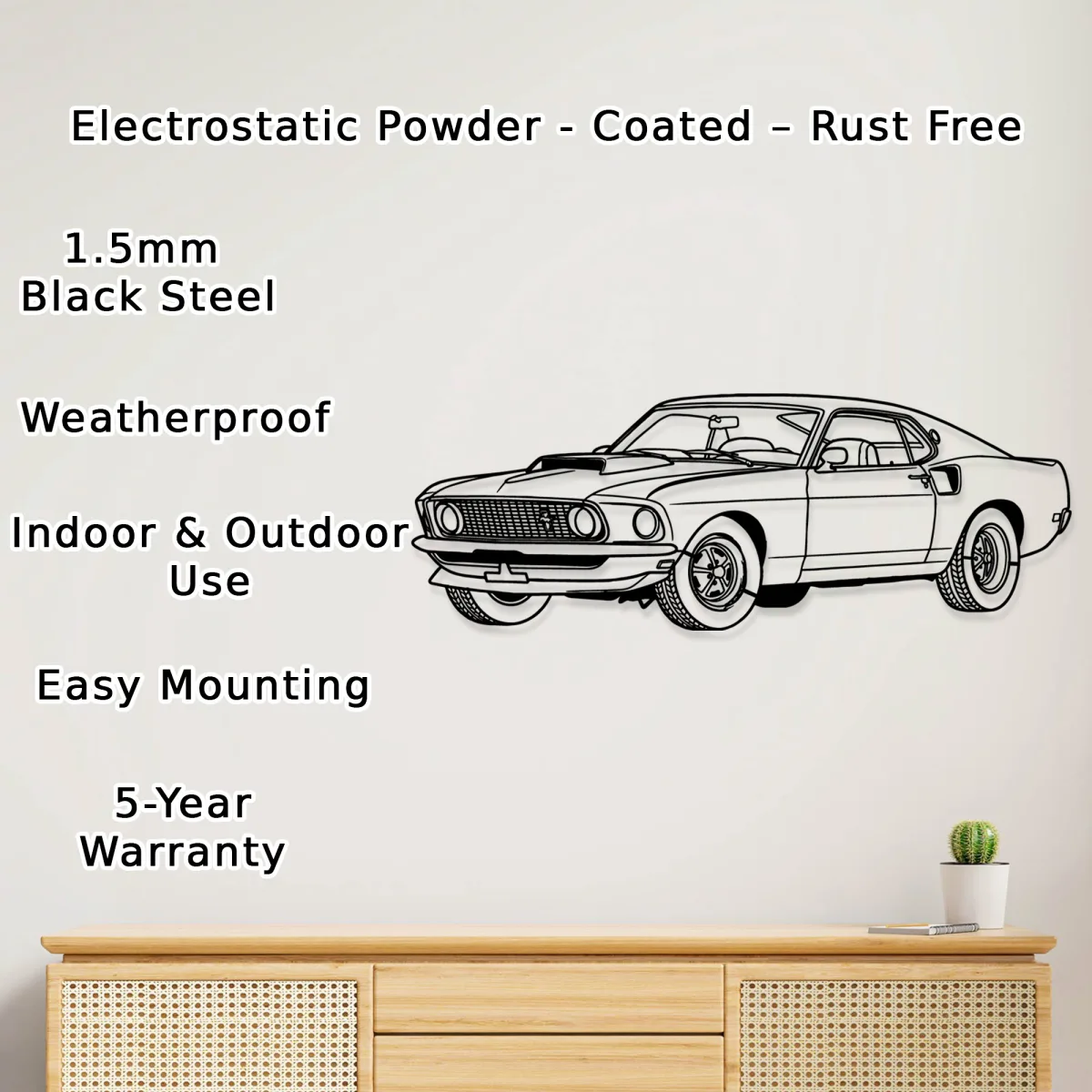 Elegant black metal art of a classic muscle car above a wooden cabinet