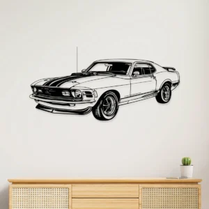 Black metal silhouette of a 1970 Ford Mustang Mach 1 wall art.