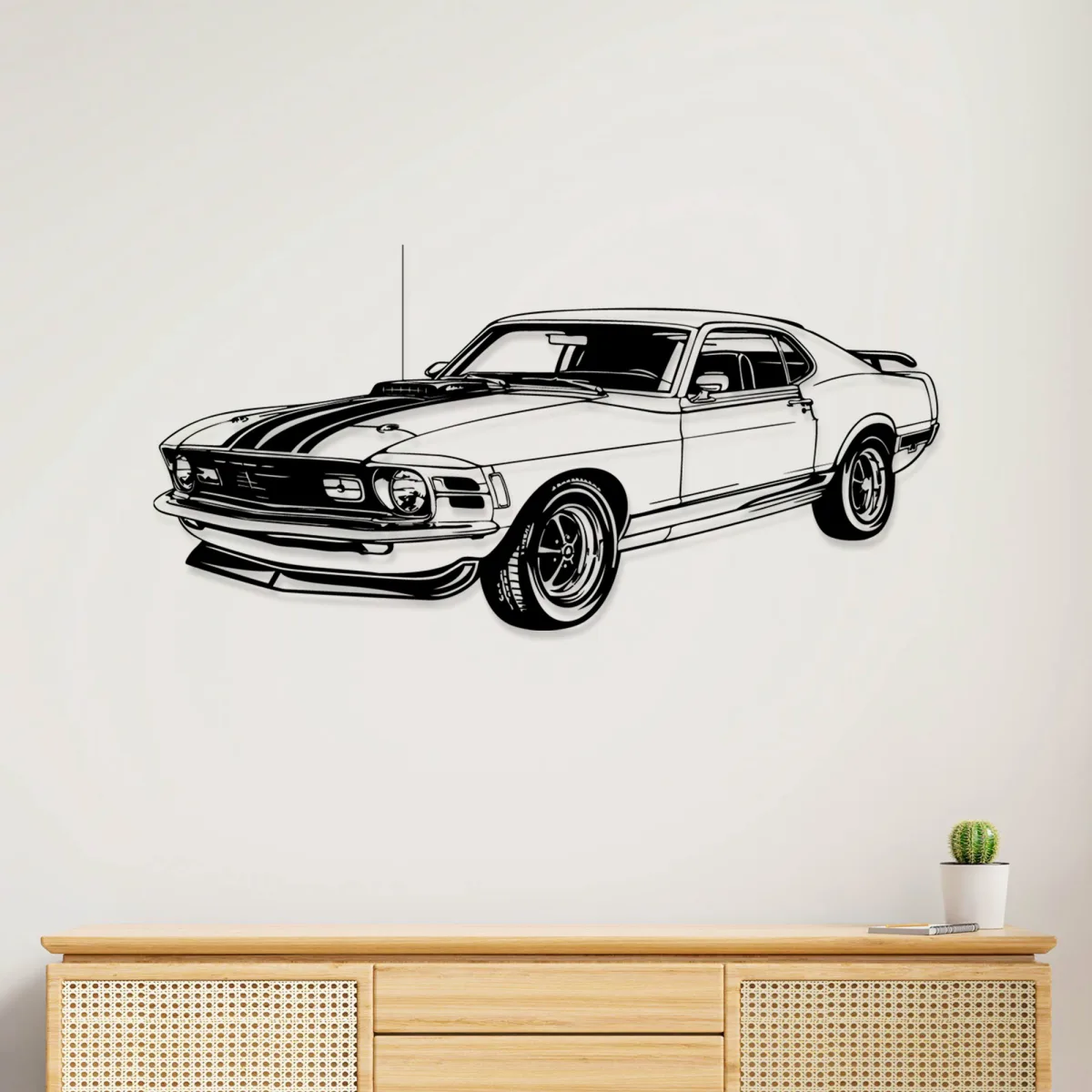 Black metal silhouette of a 1970 Ford Mustang Mach 1 wall art
