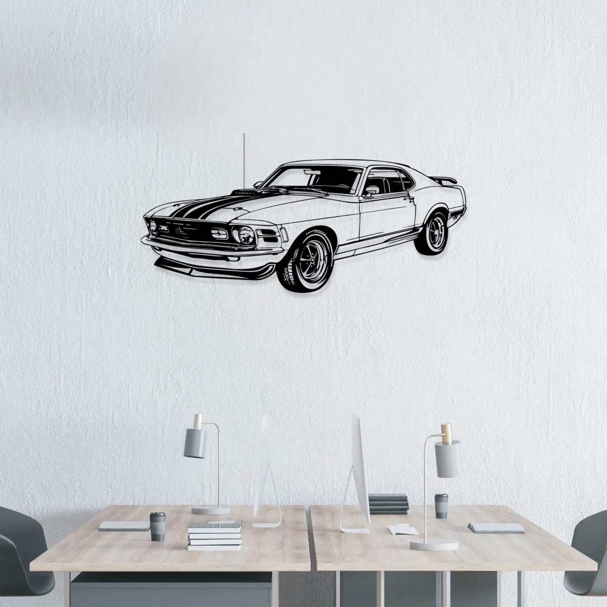 Vintage 1970 Mustang Mach muscle car decor on a white wall