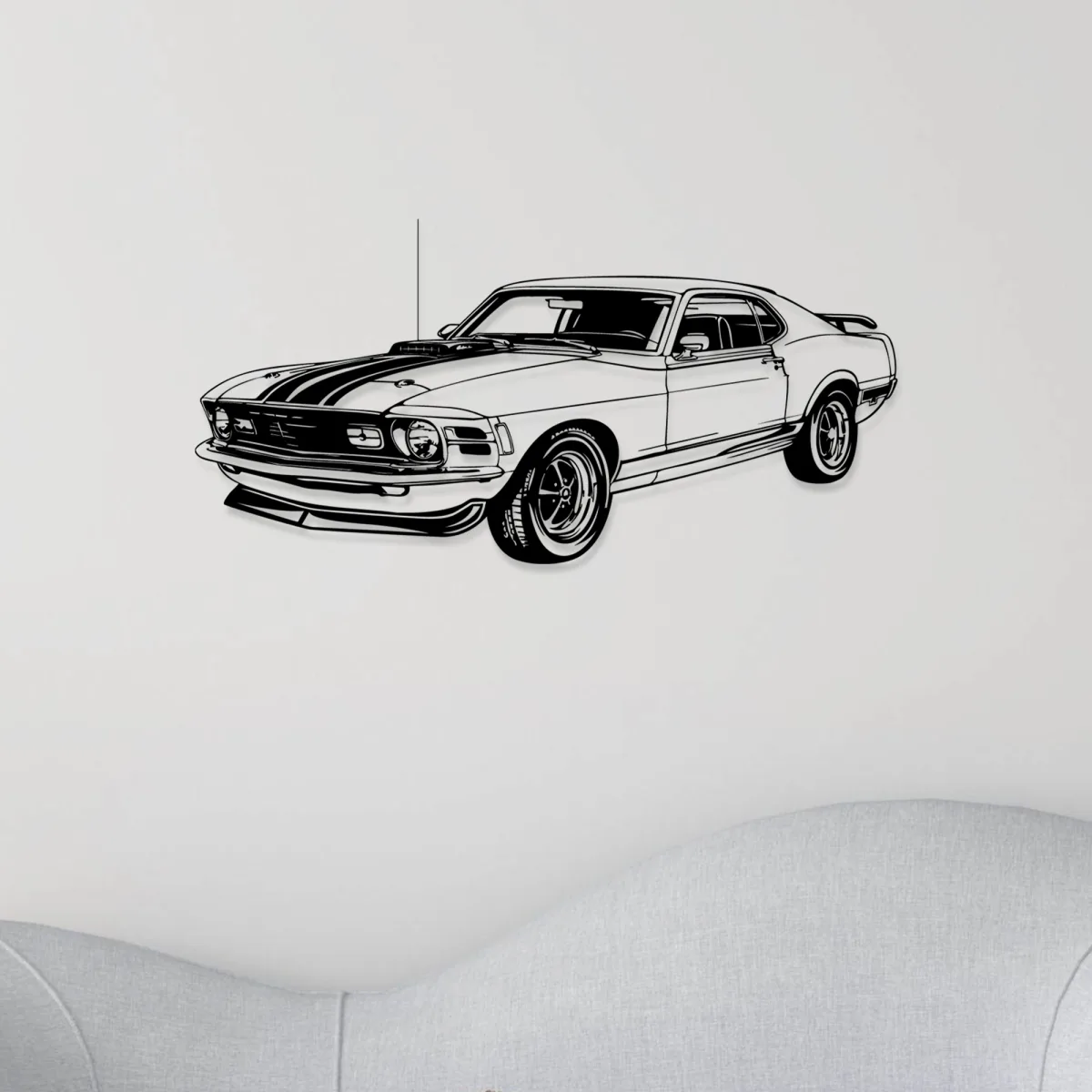 Side view of a Ford Mustang Mach 1 metal art with 3D shadow effect