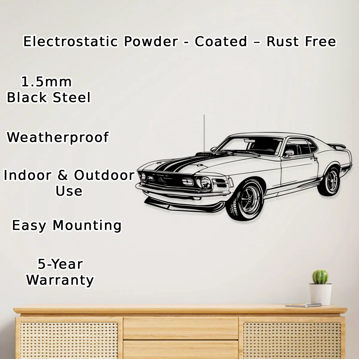 Iconic American muscle car 1970 Mustang Mach as metal wall decor