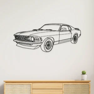 Black metal outline art of a 1970 Ford Mustang Mach 1