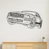 Black metal outline art of a Ford Mustang 4.0i on a white wall.