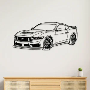 Ford Mustang Dark Horse Metal Art Aggressive Muscle Car Decor Modern Garage Sign Performance Enthusiast Gift Fabia Home Black metal Ford Mustang Dark Horse silhouette wall art on a white wall above a wooden cabinet