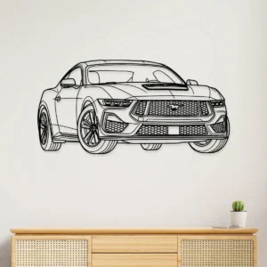 Black metal Ford Mustang GT silhouette wall art on a white wall above a wooden cabinet