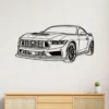 Black metal Ford Mustang silhouette wall art on white wall.