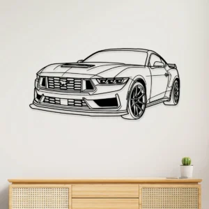 Black metal Ford Mustang silhouette wall art on white wall