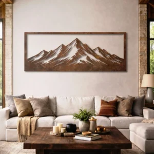 Framed Mountain Metal Art, Oversized Rustic Landscape Sign, Optional RGB LED, Outdoor Enthusiast Gift