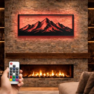 Framed Mountain Metal Art, Oversized Rustic Landscape Sign, Optional RGB LED, Outdoor Enthusiast Gift