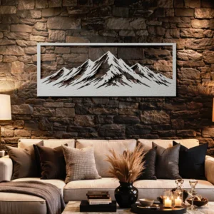 Framed Mountain Metal Art, Oversized Rustic Landscape Sign, Optional RGB LED, Outdoor Enthusiast Gift