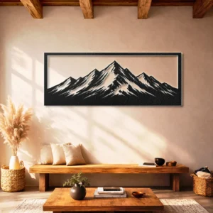 Framed Mountain Metal Art, Oversized Rustic Landscape Sign, Optional RGB LED, Outdoor Enthusiast Gift