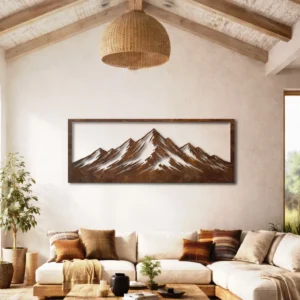 Framed Mountain Metal Art, Oversized Rustic Landscape Sign, Optional RGB LED, Outdoor Enthusiast Gift