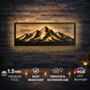 Framed Mountain Metal Art, Oversized Rustic Landscape Sign, Optional RGB LED, Outdoor Enthusiast Gift