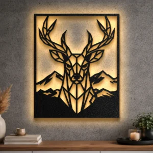 Large geometric deer head metal art with optional LED backlight