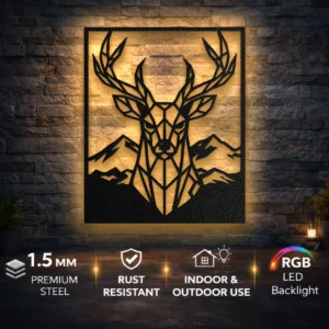 Geometric Deer Head Metal Art, Oversized Rustic Mountain Decor, Optional RGB LED, Wildlife Lover Gift