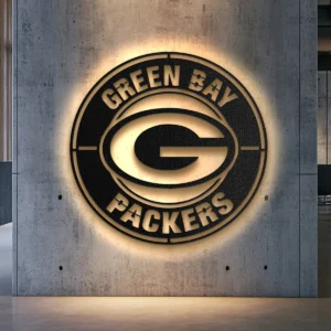 Green Bay Packers metal logo wall art with golden finish and LED backlight.
