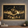 Oversized rustic grizzly bear metal wall art with LED backlighting.