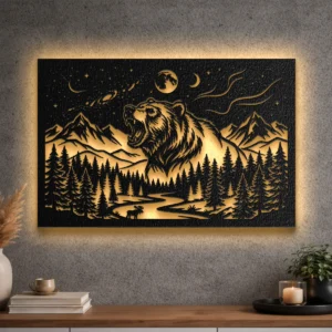 Oversized rustic grizzly bear metal wall art with LED backlighting