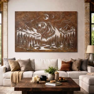 Grizzly Bear Metal Art, Howling Wolf Brand, Large Rustic Forest Wall Decor, Mountain and Moon Design, Optional LED Light, Nature Lover Gift