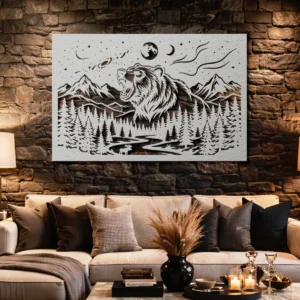 Grizzly Bear Metal Art, Howling Wolf Brand, Large Rustic Forest Wall Decor, Mountain and Moon Design, Optional LED Light, Nature Lover Gift