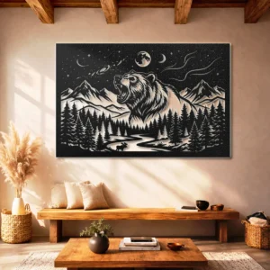 Grizzly Bear Metal Art, Howling Wolf Brand, Large Rustic Forest Wall Decor, Mountain and Moon Design, Optional LED Light, Nature Lover Gift