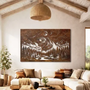 Grizzly Bear Metal Art, Howling Wolf Brand, Large Rustic Forest Wall Decor, Mountain and Moon Design, Optional LED Light, Nature Lover Gift