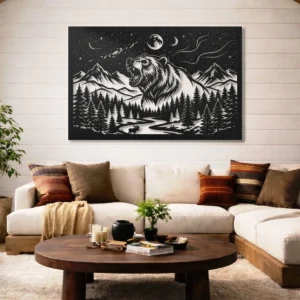 Grizzly Bear Metal Art, Howling Wolf Brand, Large Rustic Forest Wall Decor, Mountain and Moon Design, Optional LED Light, Nature Lover Gift