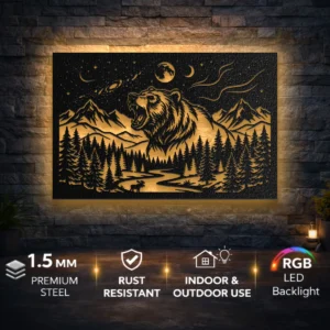 Grizzly Bear Metal Art, Howling Wolf Brand, Large Rustic Forest Wall Decor, Mountain and Moon Design, Optional LED Light, Nature Lover Gift