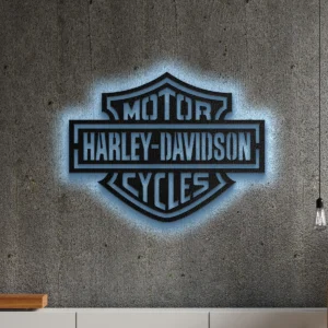 Black metal Harley Davidson logo wall art with blue LED backlight.