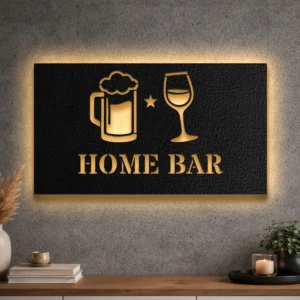 A large rustic home bar metal sign with beer mug and wine glass design.