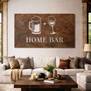 Home Bar Metal Wall Art, Oversized Rustic Bar Decor, Optional LED Backlight, Housewarming Gift