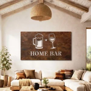 Home Bar Metal Wall Art, Oversized Rustic Bar Decor, Optional LED Backlight, Housewarming Gift