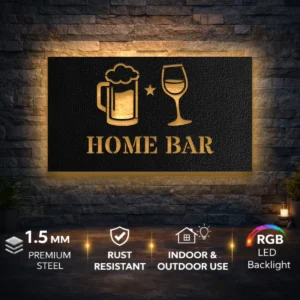 Home Bar Metal Wall Art, Oversized Rustic Bar Decor, Optional LED Backlight, Housewarming Gift