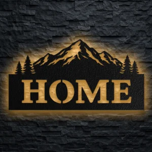 A large Home Mountain Scene metal wall art with optional LED backlighting