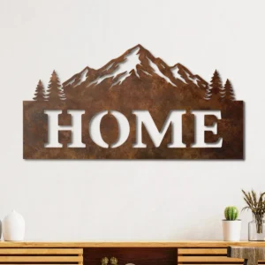 Home Mountain Scene Metal Wall Art, Oversized Rustic Cabin Decor, Optional RGB LED, Housewarming Gift