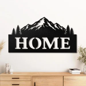 Home Mountain Scene Metal Wall Art, Oversized Rustic Cabin Decor, Optional RGB LED, Housewarming Gift