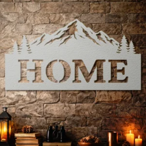 Home Mountain Scene Metal Wall Art, Oversized Rustic Cabin Decor, Optional RGB LED, Housewarming Gift