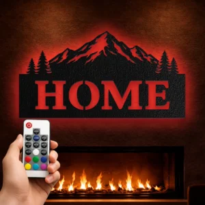 Home Mountain Scene Metal Wall Art, Oversized Rustic Cabin Decor, Optional RGB LED, Housewarming Gift